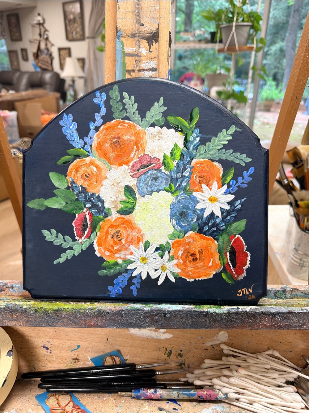 Hand-Painted Floral Accent Plaque - Navy with Orange & Blue Bouquet